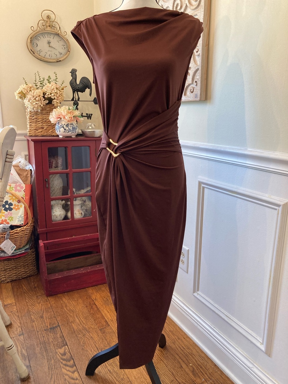 Side-Ring Draped Midi Dress in Chocolate Brown